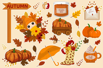 A set of cute autumn stickers with pumpkins, leaves, an umbrella, a candle, rubber boots with a bouquet, a cocoa mug, a cart with a harvest, the inscription 