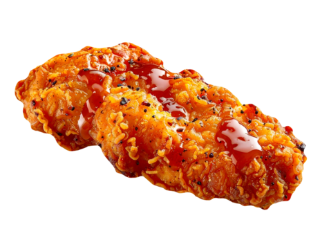 Crispy spicy fried chicken tender with hot sticky glaze and crunchy coating on isolated background