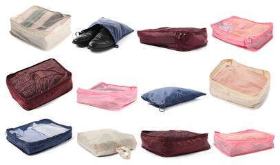 Packing cubes with clothes and shoes isolated on white, set
