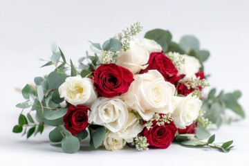 A beautiful bouquet of red and white roses with green foliage, set against a plain background.