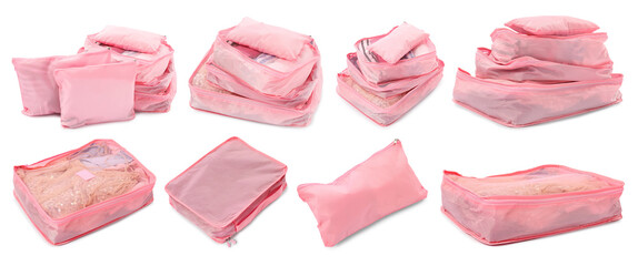 Packing cubes with clothes isolated on white, set