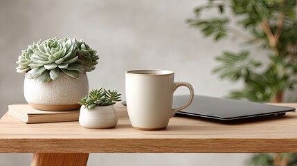 Succulents in ceramic pots on a wooden table with a coffee mug and laptop.