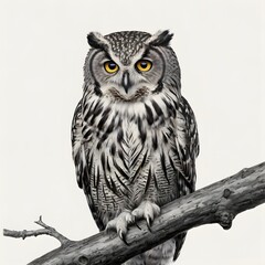 Fototapeta premium Majestic Black and White Owl Perched on Tree Branch in Bright Studio