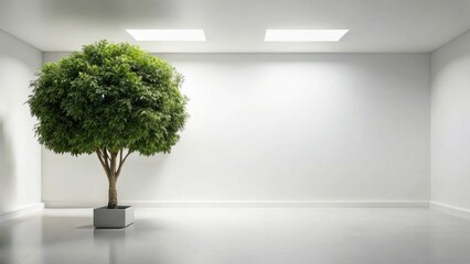 Obraz premium A serene indoor scene featuring a lush, potted tree in a minimalist white room bathed in soft natural light from skylights