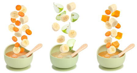 Baby food. Different fresh ingredients falling into bowls with puree against white background, set