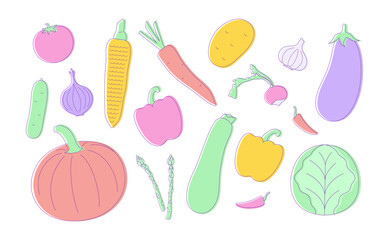 Set of hand drawn vegetables. Vegetable line icons in bright colors. Vector illustration