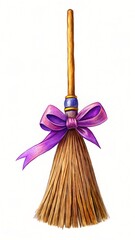 Witch's broom illustration brown straw bristles wooden handle purple ribbon bow