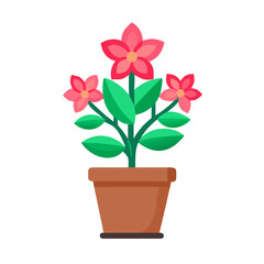 Minimalist potted flower vector graphic with pink blooms and green leaves