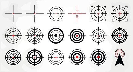 Collection of various crosshairs, targeting reticles, and aiming symbols for precision design