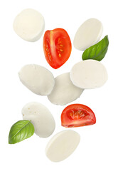 Mozzarella cheese, tomato pieces and basil leaves falling against white background