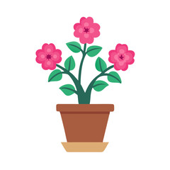 Pink Flower Potted Plant on Black Background Flat Design Illustration