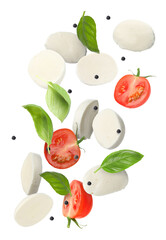 Mozzarella, tomatoes and basil leaves falling against white background