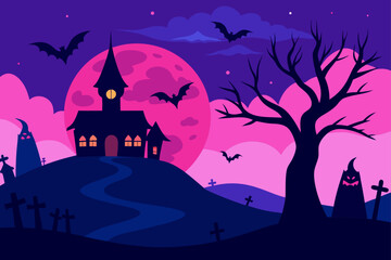 Halloween night with haunted house scene