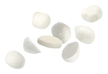 Mozzarella cheese in air against white background