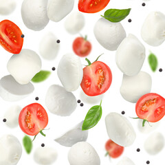 Mozzarella, tomatoes and basil leaves falling against white background