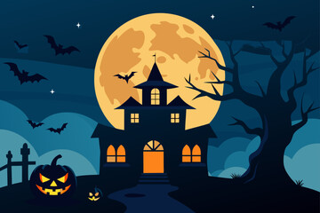 Haunted house with bats and full moon night