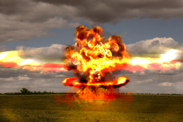 Explosion with fire and smoke outdoors. Radioactive hazard