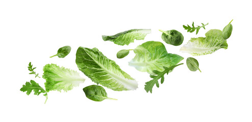 Fresh salad leaves flying against white background. Lettuce, spinach and arugula