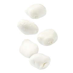 Mozzarella cheese balls falling against white background