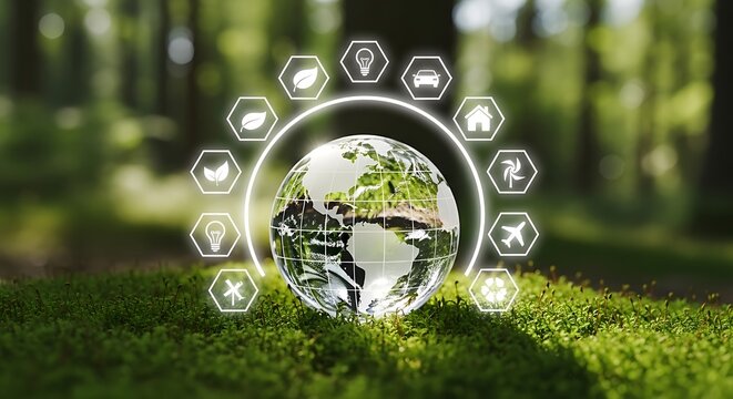 Digital globe with eco friendly technology icons in a forest setting - Powered by Adobe