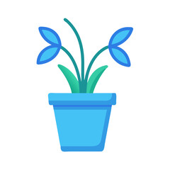 Blue potted plant illustration featuring whimsical leaves against a black background