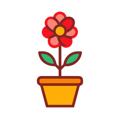 Stylized Potted Flower Illustration with Red Blossoms Against Black Backdrop