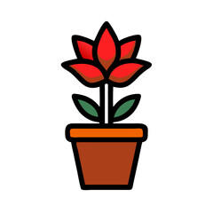 Stylized houseplant with red petals and green leaves in brown pot on black