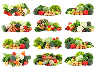 Fresh vegetables in piles on white background, set