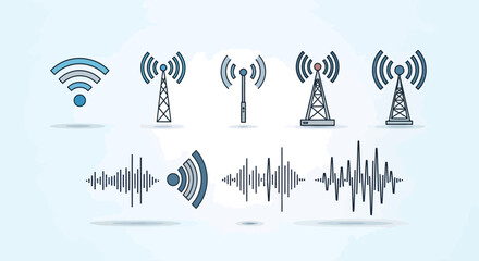 Modern wireless communication and signal icons representing data transfer and connectivity on white