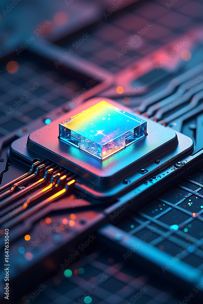 Poster close-up of a microchip with rainbow reflections, set against a dark circuit board background.