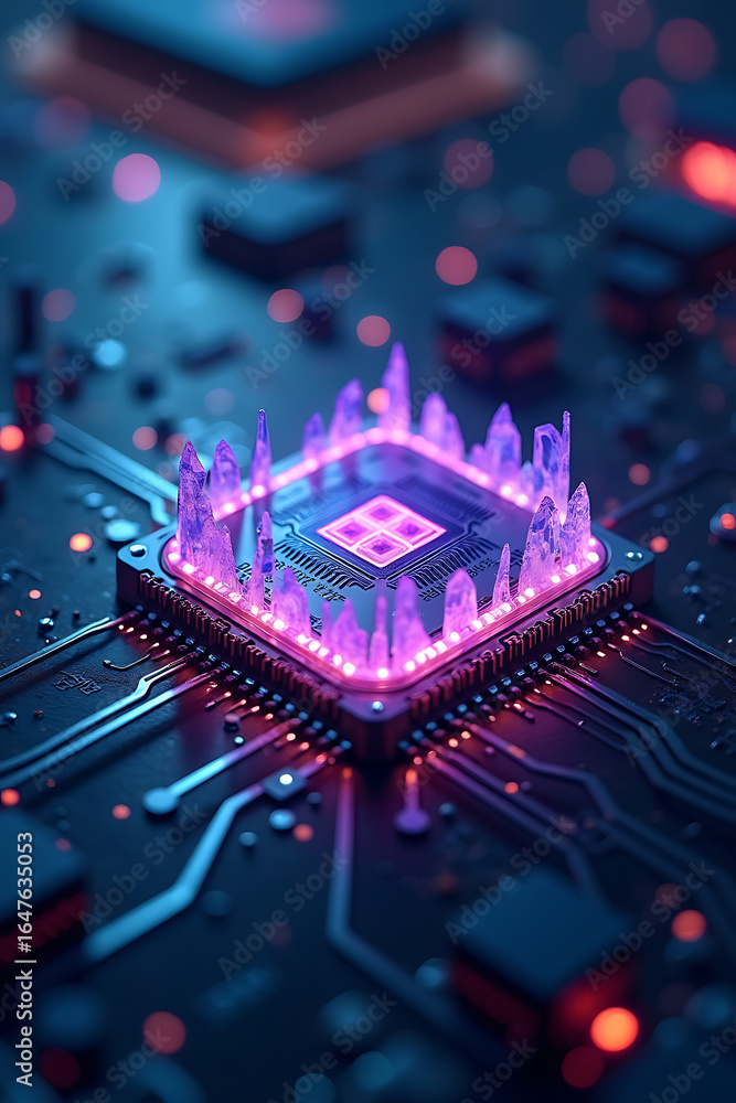Poster close-up of a glowing microchip with purple crystalline structures, showcasing intricate circuitry a