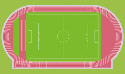 Top view illustration of a football field with surrounding running track, stadium layout in green and red colors.
