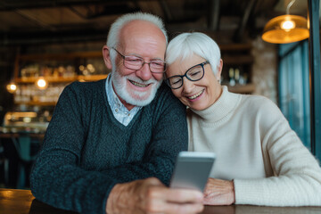 Elderly couple video calling on smartphone in cafe