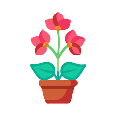 Isolated potted plant with coral flowers and green leaves in flat design