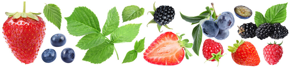 Various berries and green leaves isolated on white, set