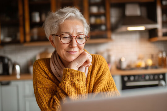 A senior adult student, wearing glasses, focused on an online course at her kitchen table, actively pursuing lifelong learning.