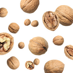 Walnuts in shell swirling in air against white background