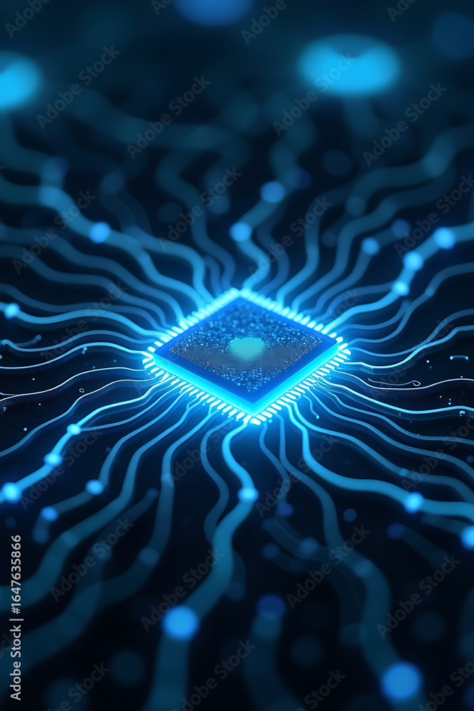 Aufkleber close-up of a glowing blue computer chip with intricate circuit patterns emanating outwards, suggest