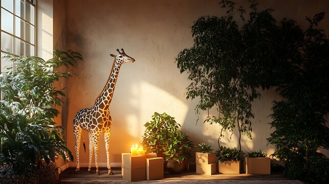 Warm room with giraffe style evergreen and candle burning next to boxes
