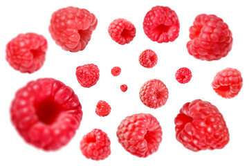 Fresh raspberries swirling in air against white background