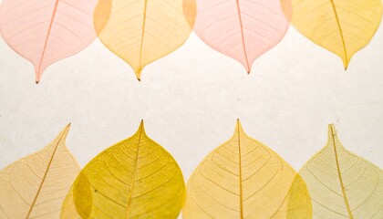 Delicate arrangement of translucent leaves in pastel hues on textured white background