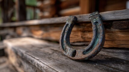 Old rusty horseshoe rests on weathered wooden surface in rural outdoor setting surrounded by earth and rocks