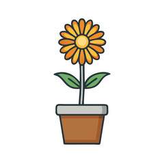 Cartoon flower in a pot with yellow petals and green leaves