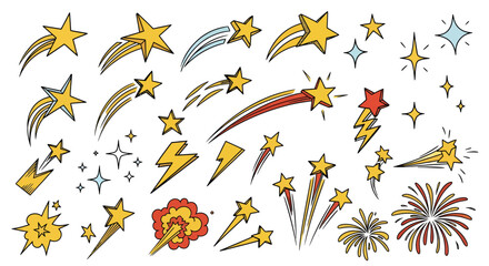 Dynamic collection of hand-drawn starbursts, fireworks, and comic-style elements for design