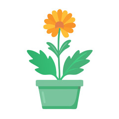 Flat vector illustration of a vibrant potted orange daisy on a black background