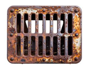 Old rusty metal grill drain isolated on transparent background