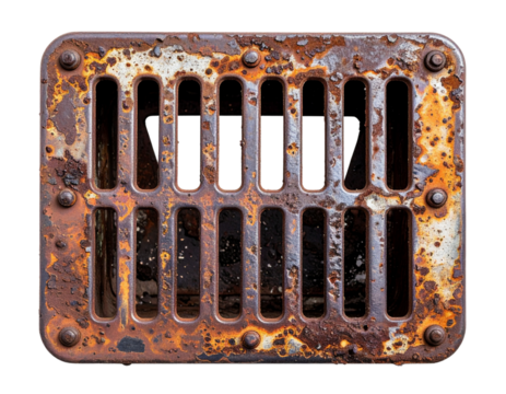 Old rusty metal grill drain isolated on transparent background