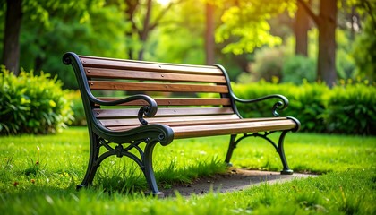 Park bench in a serene green environment with natural sunlight and lush surroundings
