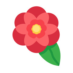 Stylized Red Flower with Green Leaf on Black Background, Vector Illustration