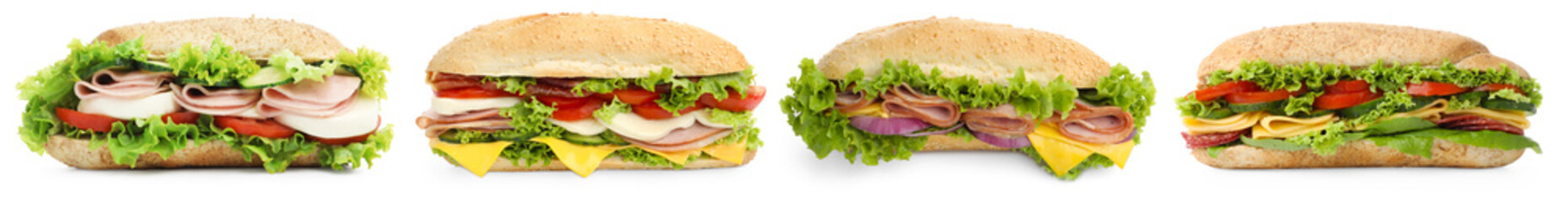 Many tasty sandwiches isolated on white, set